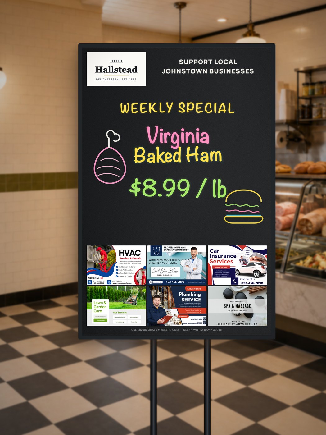 A Community Board on its stand inside a delicatessen, showing the host logo, a handwritten weekly special with a drawn ham and sandwich, and six business placements