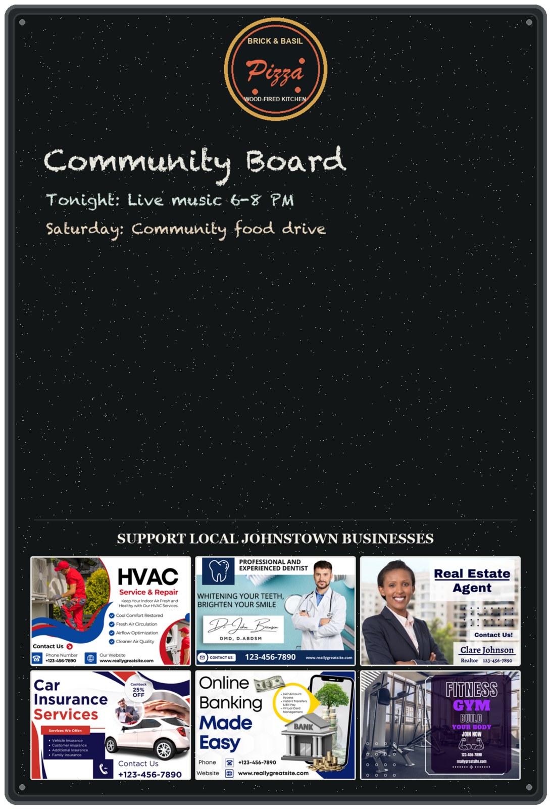 A Community Board showing the host logo at the top, a writable panel, and six business placements