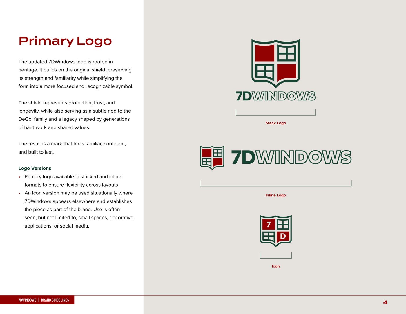 Primary logo page from the 7D Windows and Doors brand guidelines