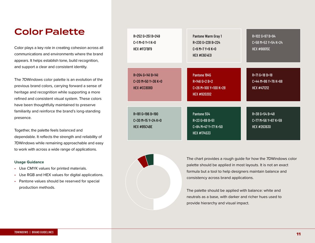 Colour palette page from the 7D Windows and Doors brand guidelines