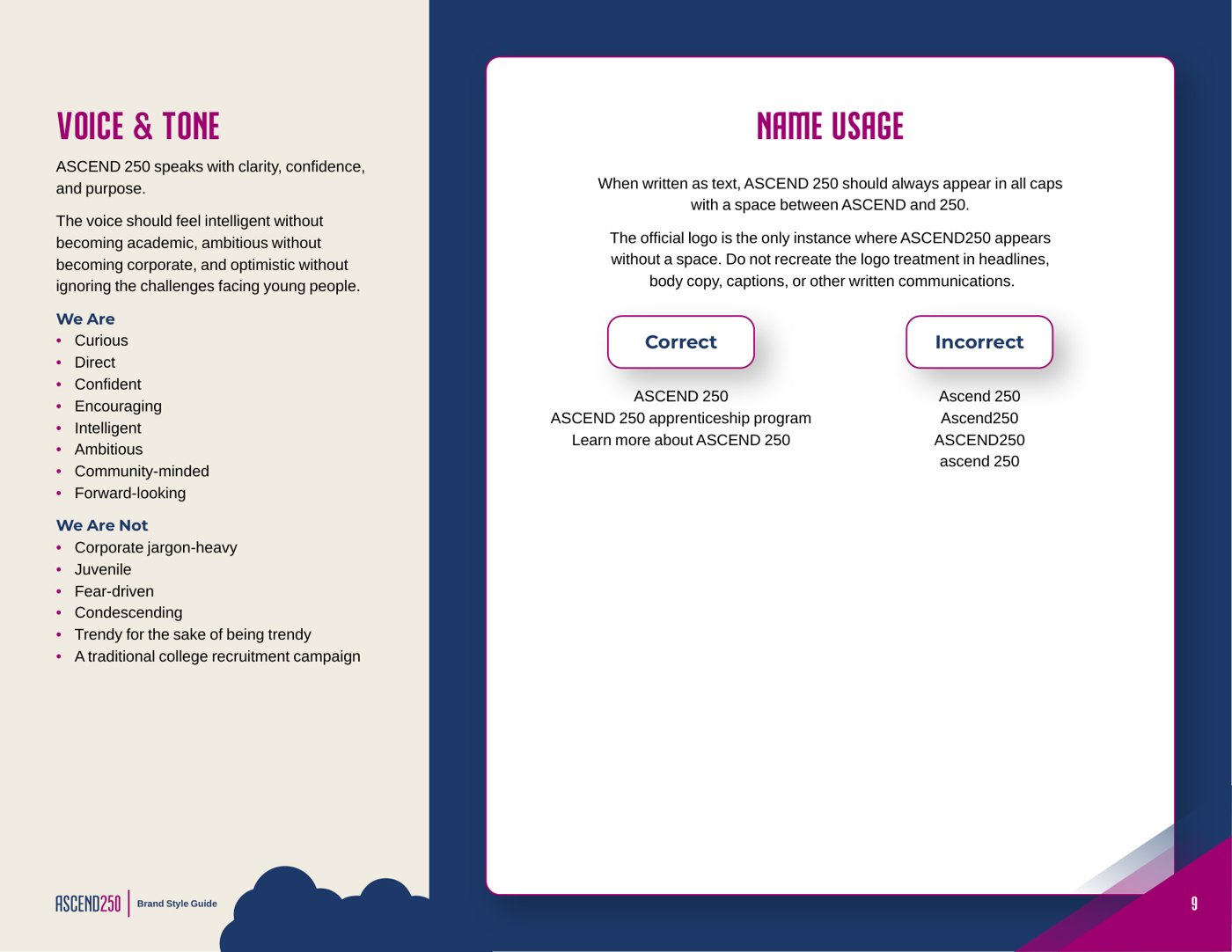 Voice and tone page from the ASCEND 250 brand guidelines, showing approved language and name usage